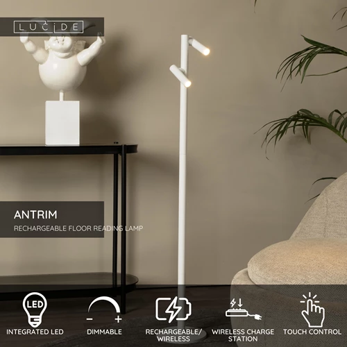 Lucide ANTRIM - Rechargeable Floor reading lamp Indoor/Outdoor - Battery pack - LED Dim. - 2x2,2W 2700K - IP54 - With wireless charging pad - White - USP